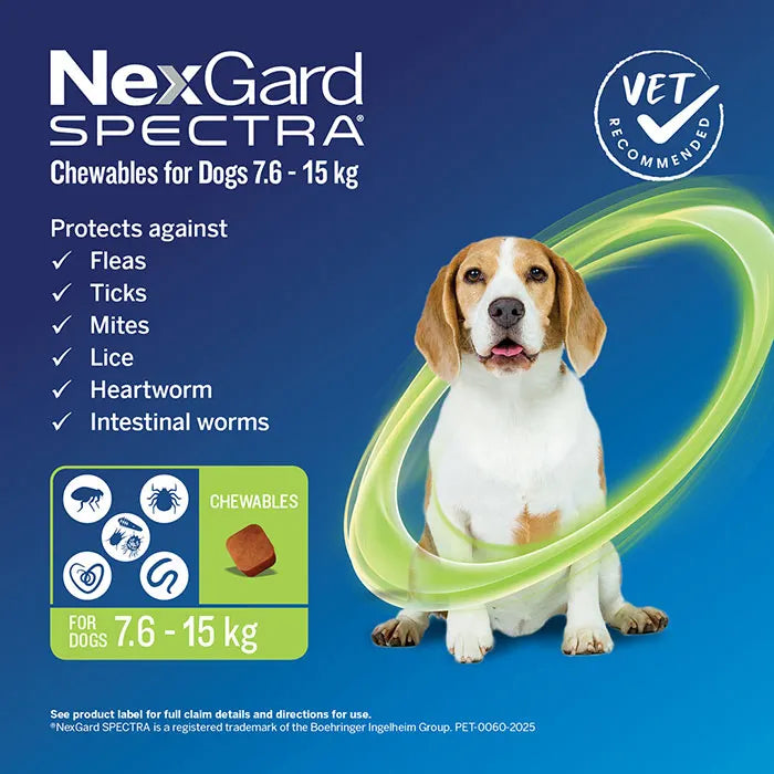 NexGard Spectra Monthly Flea, Tick & Worming Chewables for Dogs Green 7-15 kg  6-Pack