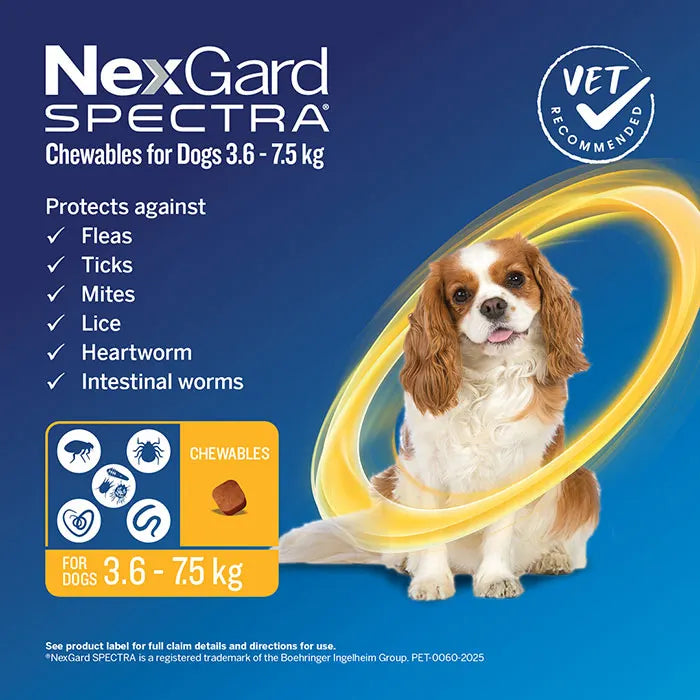 NexGard Spectra Monthly Flea, Tick & Worming Chewables for Dogs 3.6 - 7.5kg   6-Pack